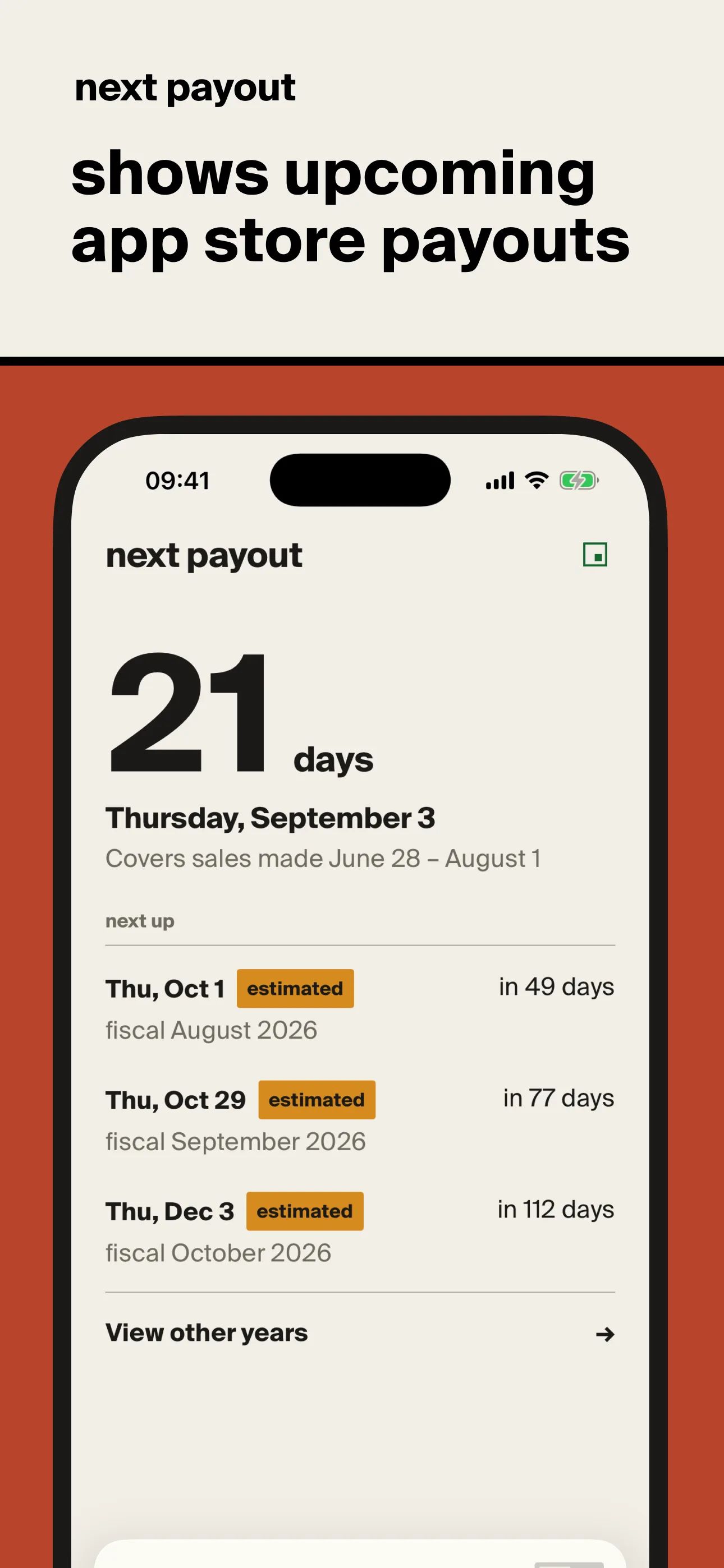 next payout — shows upcoming app store payouts