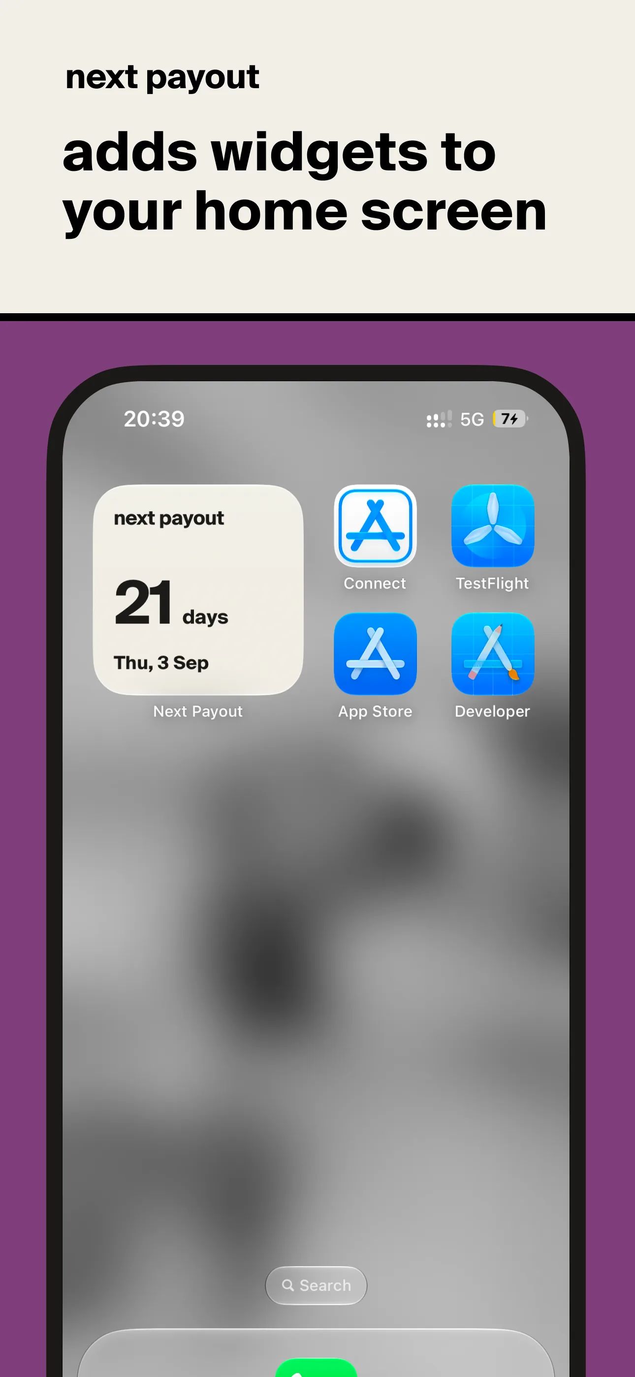 next payout — adds widgets to your home screen